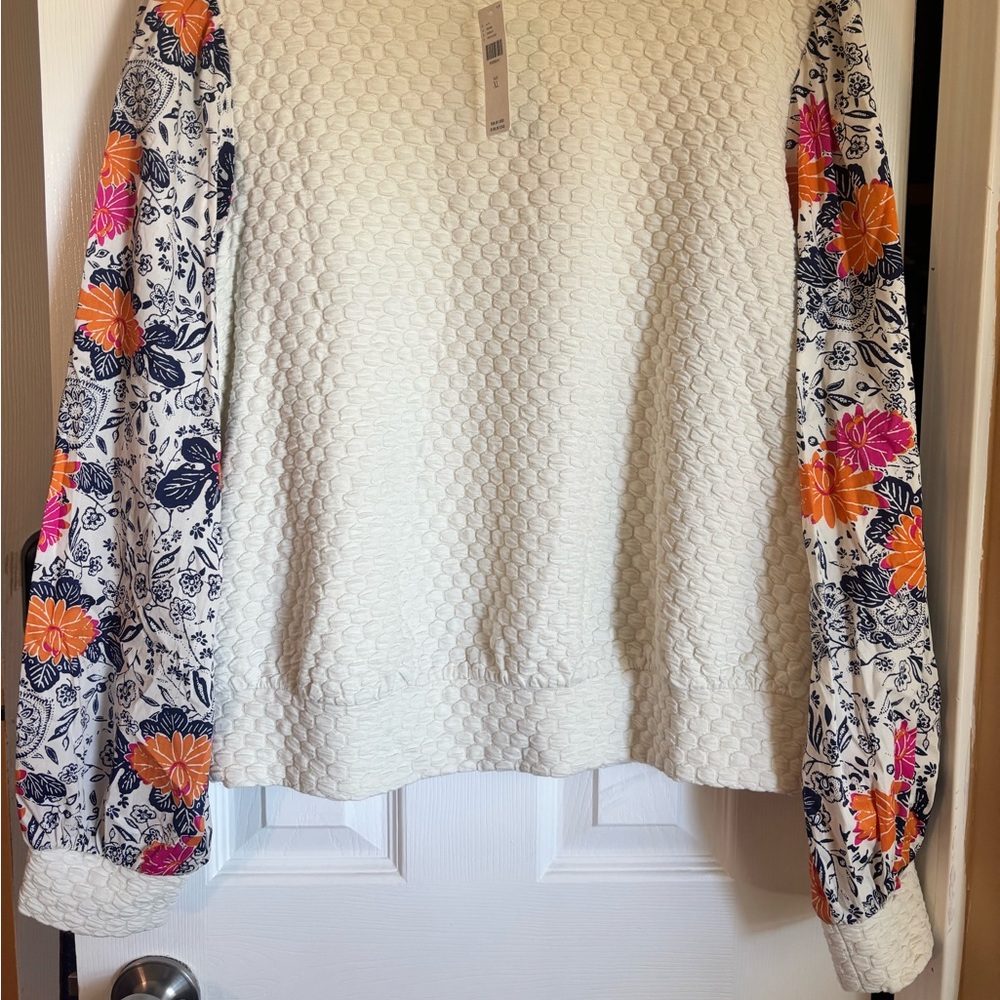 Floral Patterned Top with Textured Sleeves